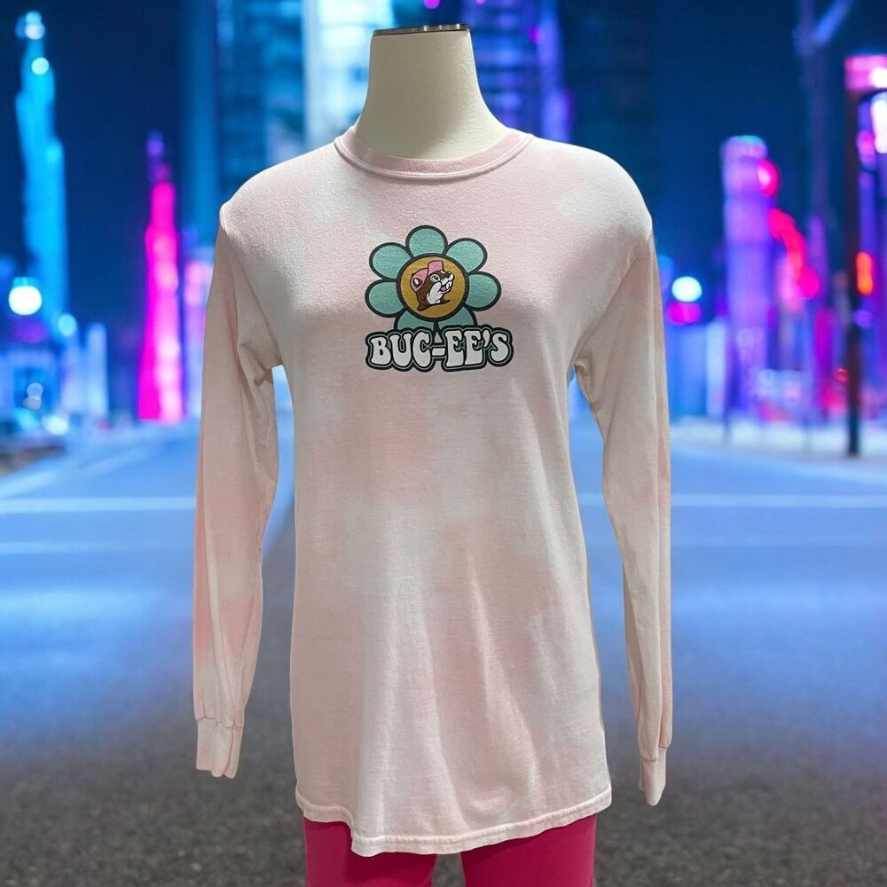 Buc-ee's Be Kind Long Sleeve T‎ Shirt S Pink Tie Dye Retro Flowers Texas Hippie
